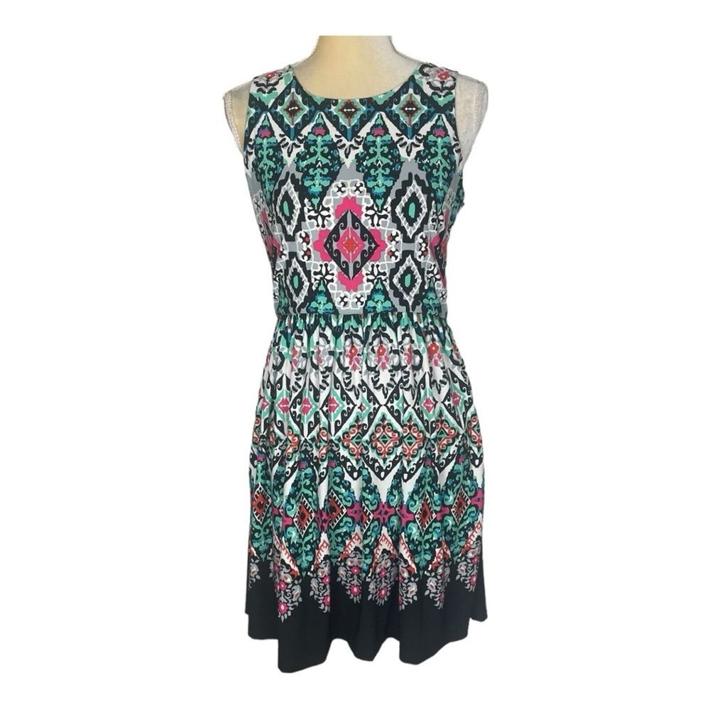 ELIZA J Green Pink Ikat Geo‎ Sleeveless Dress Size 4 Cut Out Back